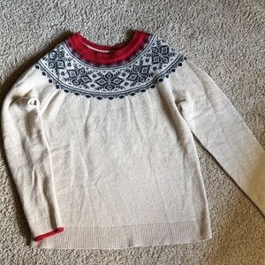 Cream Fair Isle Yoke Crewneck Sweater with Navy Pattern and Red Trim